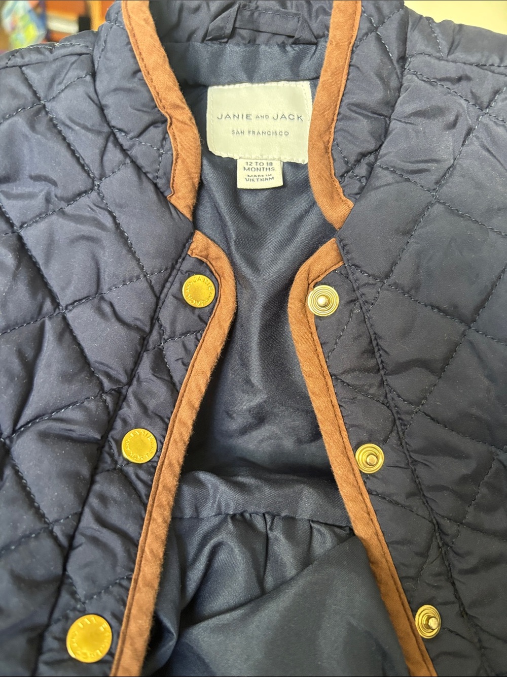 Janie and Jack Navy Quilted Jacket with Brown Trim 12-18 months